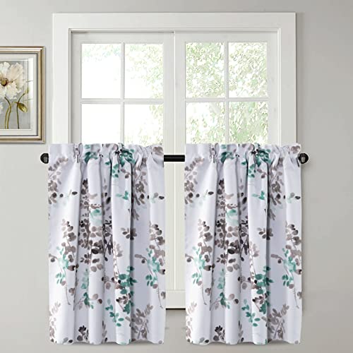 H.VERSAILTEX Blackout Kitchen Curtains Room Darkening Curtains Rod Pocket, Half Window Tier Curtains for Café, Laundry, Bedroom Grey and Turquoise Classical Floral Printing (Each 32"x 24", 2 Panels)