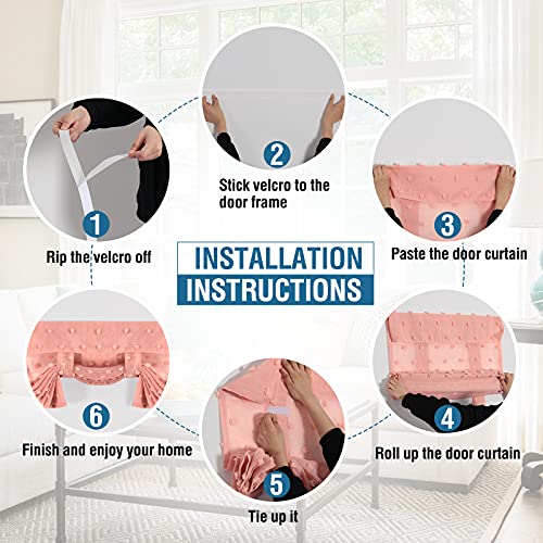 Linen Blended French Door Curtain Light Filtering French Door Blinds Privacy Tricia Window Covering Shade for Patio Door/Sidelight Door Tie Up Door Curtain, 26 x 68 Inch, 1 Panel, Pompom - Coral Pink