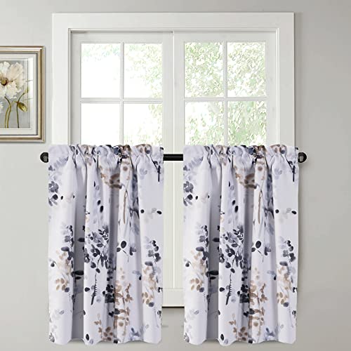 H.VERSAILTEX Blackout Kitchen Curtains Room Darkening Curtains Rod Pocket, Half Window Tier Curtains for Café, Laundry, Bedroom Bluestone and Taupe Classical Floral Printing (Each 32"x24", 2 Panels)