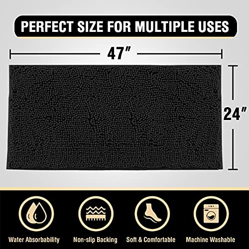 H.VERSAILTEX Bath Mat Bath Rug for Bathroom Luxury Chenille Bathroom Rug Mat Extra Soft and Absorbent Microfiber Shaggy Rugs Non Slip Rug Quick Dry Bath Mat Washable, 24 x 47 Inches, Black