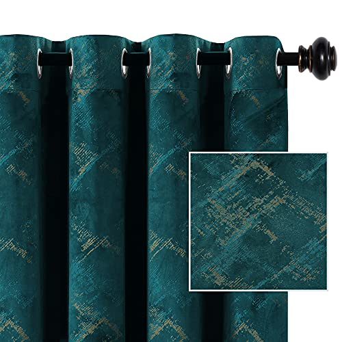 Luxury Velvet Curtains 95 Inches Long Thermal Insulated Blackout Curtains for Bedroom Foil Print Thick Soft Velvet Grommet Curtain Drapes for Living Room Vintage Home Decor, 2 Panels, Teal