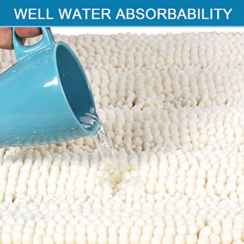 Bath Mats for Bathroom Non Slip Extra Thick Chenille Striped Bath Rug 24" x 36" Absorbent Non Skid Fluffy Soft Shaggy Rugs Washable Dry Fast Plush Mats for Indoor, Bath Room, Tub - Cream