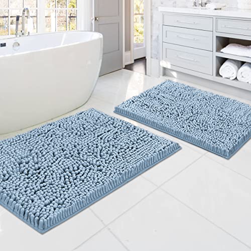 Bathroom Rugs Bath Mats for Bathroom Non Slip Luxury Chenille Bathroom Rugs Extra Soft Absorbent Shaggy Bathroom Mat Rugs Washable Fast Dry Bathroom Rugs Sets 2 Piece (Cool Blue, 20" x 32"/17" x 24")