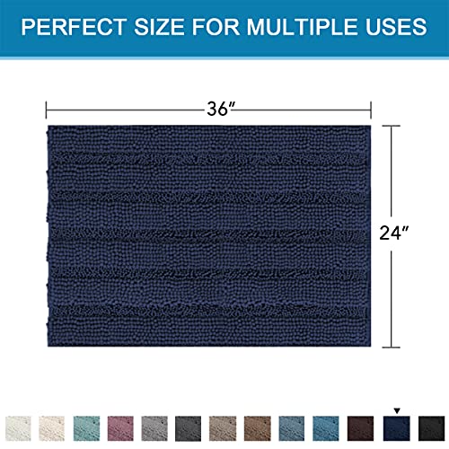 Bath Mats for Bathroom Non Slip Extra Thick Chenille Striped Bath Rug 24" x 36" Absorbent Non Skid Fluffy Soft Shaggy Rugs Washable Dry Fast Plush Mats for Indoor, Bath Room, Tub - Navy