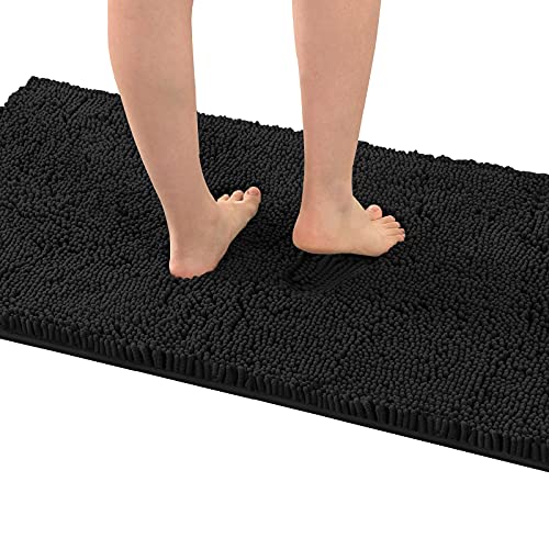 H.VERSAILTEX Bath Mat Bath Rug for Bathroom Luxury Chenille Bathroom Rug Mat Extra Soft and Absorbent Microfiber Shaggy Rugs Non Slip Rug Quick Dry Bath Mat Washable, 24 x 47 Inches, Black