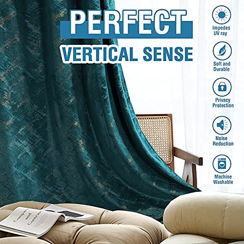 Luxury Velvet Curtains 95 Inches Long Thermal Insulated Blackout Curtains for Bedroom Foil Print Thick Soft Velvet Grommet Curtain Drapes for Living Room Vintage Home Decor, 2 Panels, Teal