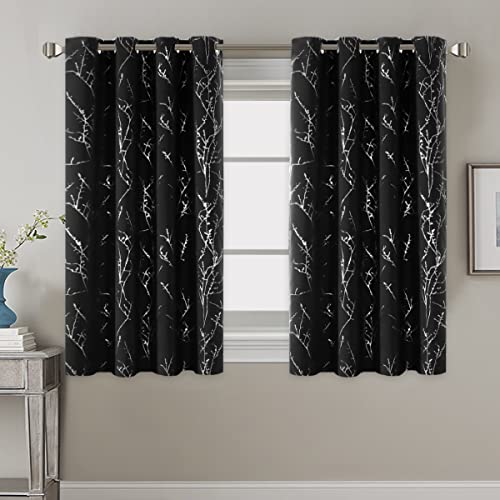 H.VERSAILTEX Blackout Curtains for Bedroom Foil Print Twig Tree Branch Thermal Insulated Grommet Curtain Drapes Light Blocking Thick Soft Window Curtains for Living 52 x 45 Inch Jet Black 2 Panels