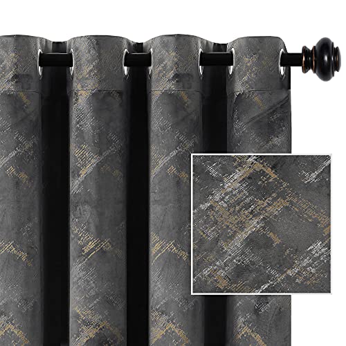 Luxury Velvet Curtains 108 Inches Long Thermal Insulated Blackout Curtains for Bedroom Foil Print Thick Soft Velvet Grommet Curtain Drapes for Living Room Vintage Home Decor, 2 Panels, Dark Grey