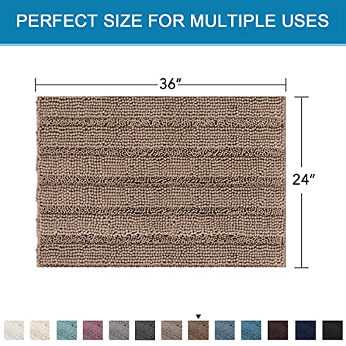Bath Mats for Bathroom Non Slip Extra Thick Chenille Striped Bath Rug 24" x 36" Absorbent Non Skid Fluffy Soft Shaggy Rugs Washable Dry Fast Plush Mats for Indoor, Bath Room, Tub - Taupe Brown