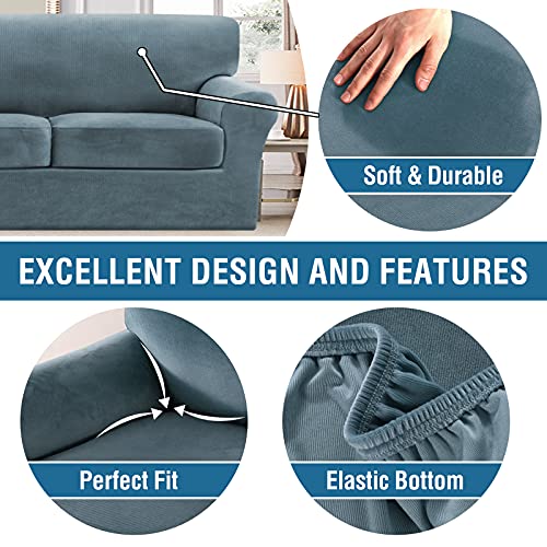 Thick Striped Velvet 3 Piece Stretch Sofa Covers Couch Covers for 2 Cushion Couch Sofa Slipcovers (Base Cover Plus 2 Large Cushion Covers) Feature Soft Stay in Place(2 Cushion: 72"-88", Stone Blue)
