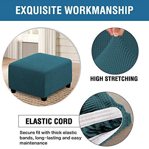 H.VERSAILTEX Square Ottoman Covers Ottoman Slipcovers Folding Storage Stool Furniture Protector Form Fit with Elastic Bottom, Stretch High Spandex Small Checks Jacquard Fabric(Medium,Deep Teal)