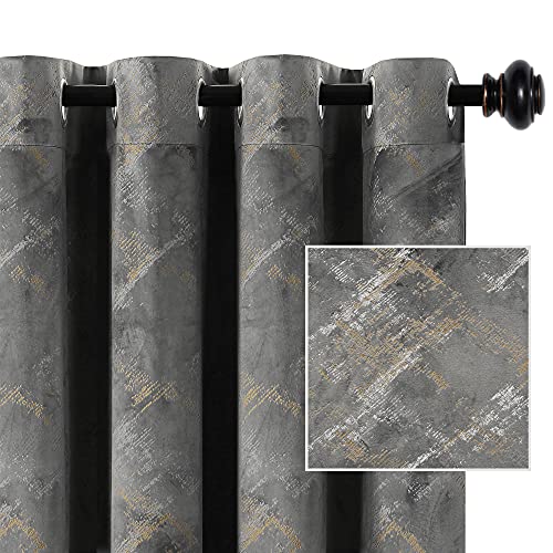 Luxury Velvet Curtains 63 Inches Long Thermal Insulated Blackout Curtains for Bedroom Foil Print Thick Soft Velvet Grommet Curtain Drapes for Living Room Vintage Home Decor, 2 Panels, Grey