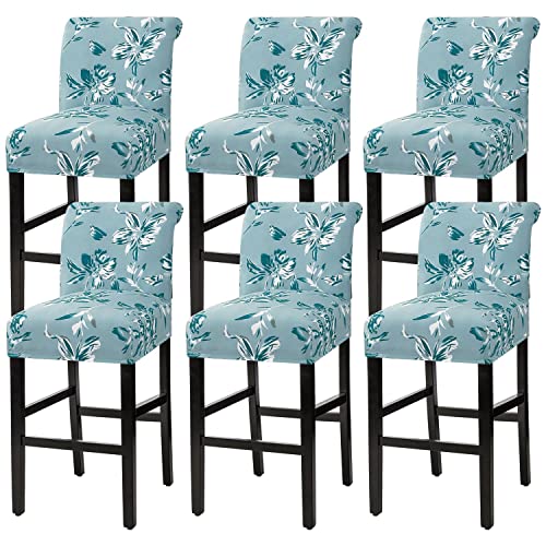 H.VERSAILTEX Stretch Bar Stool Cover Set of 6 Pub Counter Stool Chair Slipcover for Dining Room Cafe Height Side Chairs Feature Modern Floral Printed Design, Aqua