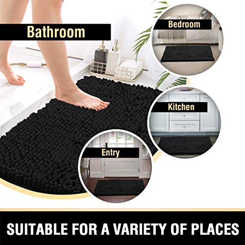 Bathroom Rugs Bath Mats for Bathroom Non Slip Luxury Chenille Bathroom Rugs Extra Soft Absorbent Shaggy Bathroom Mat Rugs Washable Fast Dry Bathroom Rugs Sets 2 Piece (Black, 20" x 32"/17" x 24")