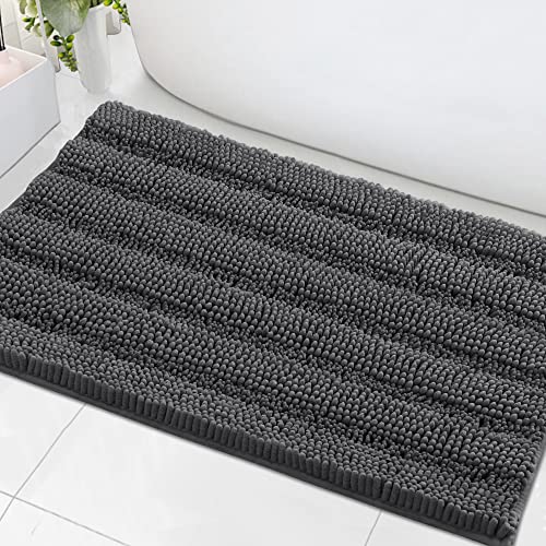 Bath Mats for Bathroom Non Slip Extra Thick Chenille Striped Bath Rug 24" x 36" Absorbent Non Skid Fluffy Soft Shaggy Rugs Washable Dry Fast Plush Mats for Indoor, Bath Room, Tub - Grey
