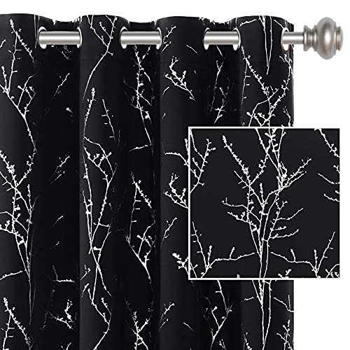 H.VERSAILTEX Blackout Curtains for Bedroom Foil Print Twig Tree Branch Thermal Insulated Grommet Curtain Drapes Light Blocking Thick Soft Window Curtains for Living 52 x 45 Inch Jet Black 2 Panels