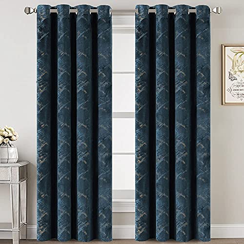 Luxury Velvet Curtains 84 Inches Long Thermal Insulated Blackout Curtains for Bedroom Foil Print Thick Soft Velvet Grommet Curtain Drapes for Living Room Vintage Home Decor, 2 Panels, Navy