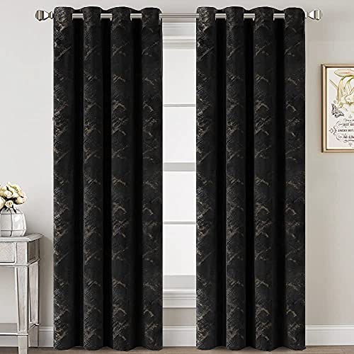 Luxury Velvet Curtains 84 Inches Long Thermal Insulated Blackout Curtains for Bedroom Foil Print Thick Soft Velvet Grommet Curtain Drapes for Living Room Vintage Home Decor, 2 Panels, Black