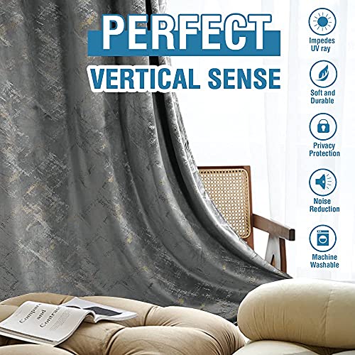 Luxury Velvet Curtains 63 Inches Long Thermal Insulated Blackout Curtains for Bedroom Foil Print Thick Soft Velvet Grommet Curtain Drapes for Living Room Vintage Home Decor, 2 Panels, Grey