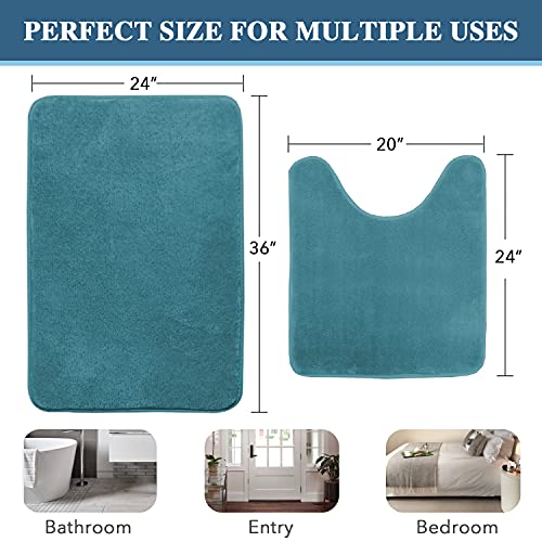 Bath Mat Memory Foam Set Bathroom Rug Set Flannel Velvety Bath Mat Luxury Extra Soft and Absorbent Non Slip Rugs for Bathroom/Bedroom Washable(Curved Set 24"x 36" Plus 20"x 24"U, Dark Teal)