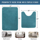 Bath Mat Memory Foam Set Bathroom Rug Set Flannel Velvety Bath Mat Luxury Extra Soft and Absorbent Non Slip Rugs for Bathroom/Bedroom Washable(Curved Set 24"x 36" Plus 20"x 24"U, Dark Teal)
