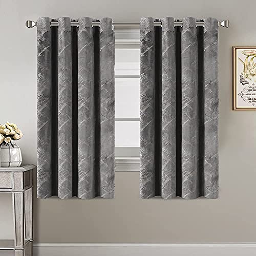 Luxury Velvet Curtains 63 Inches Long Thermal Insulated Blackout Curtains for Bedroom Foil Print Thick Soft Velvet Grommet Curtain Drapes for Living Room Vintage Home Decor, 2 Panels, Grey