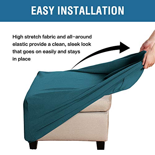 H.VERSAILTEX Square Ottoman Covers Ottoman Slipcovers Folding Storage Stool Furniture Protector Form Fit with Elastic Bottom, Stretch High Spandex Small Checks Jacquard Fabric(Medium,Deep Teal)