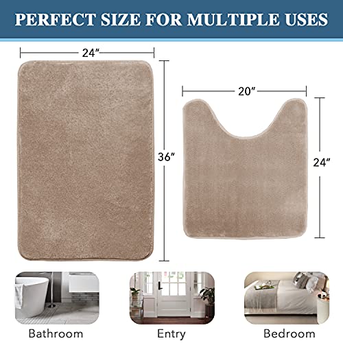 Bath Mat Memory Foam Set Bathroom Rug Set Flannel Velvety Bath Mat Luxury Extra Soft and Absorbent Non Slip Rugs for Bathroom/Bedroom Washable(Curved Set 24"x 36" Plus 20"x 24"U, Taupe)