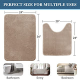 Bath Mat Memory Foam Set Bathroom Rug Set Flannel Velvety Bath Mat Luxury Extra Soft and Absorbent Non Slip Rugs for Bathroom/Bedroom Washable(Curved Set 24"x 36" Plus 20"x 24"U, Taupe)