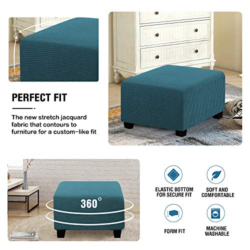 H.VERSAILTEX Square Ottoman Covers Ottoman Slipcovers Folding Storage Stool Furniture Protector Form Fit with Elastic Bottom, Stretch High Spandex Small Checks Jacquard Fabric(Medium,Deep Teal)